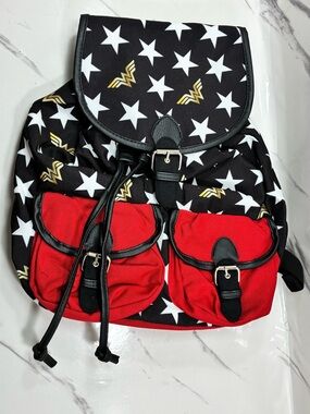 Wonder Woman Star Print Backpack Bag - Black, White & Red